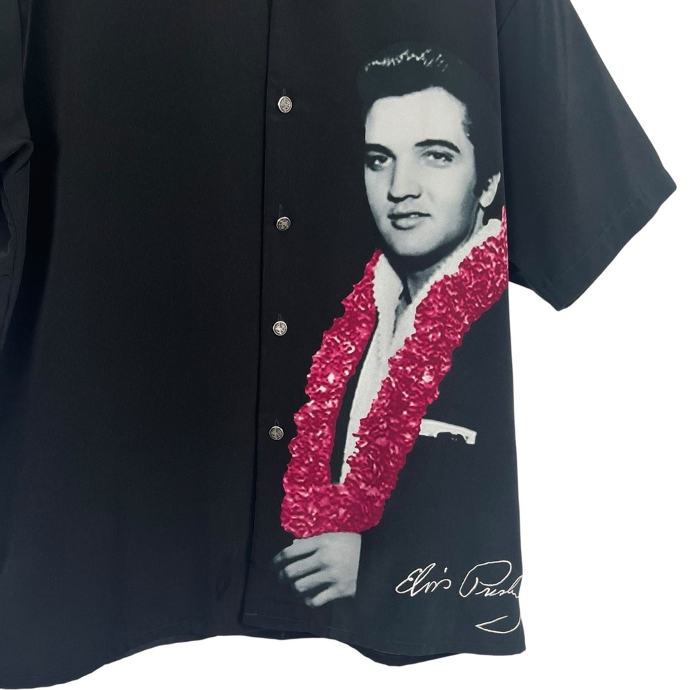 Elvis Presley Black Hawaiian Lei Button Down Shirt w/ Embroidered Signature LG - Picture 4 of 9